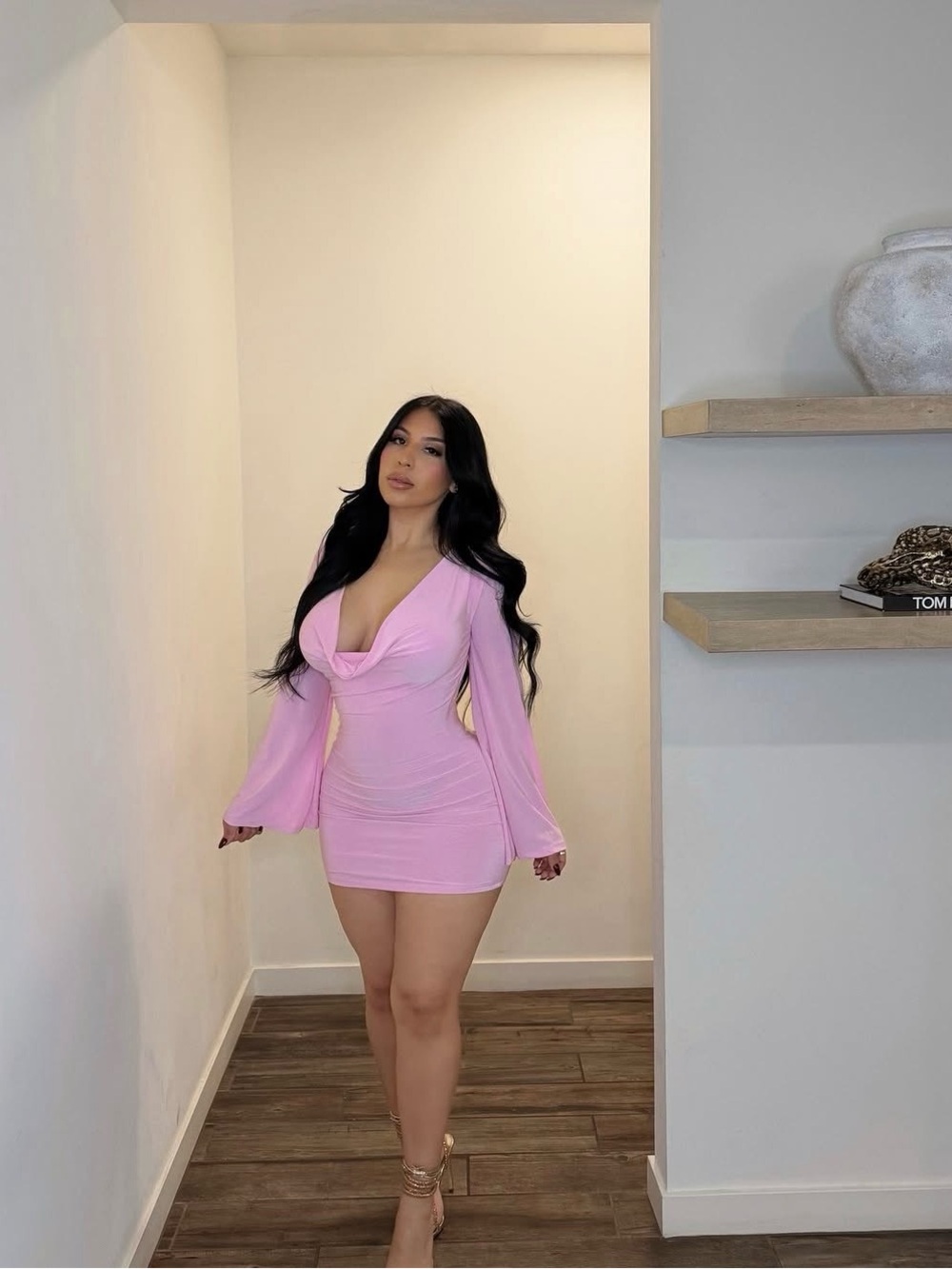 Pink Long-Sleeve Cowl Neck Mini Dress